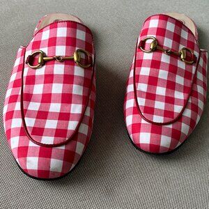 Gucci Princetown Red White Gingham Plaid Slide Loafer Mule Slipper Flat 37